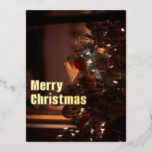 Modern Merry Christmas Tree Gold Foil Holiday Postcard