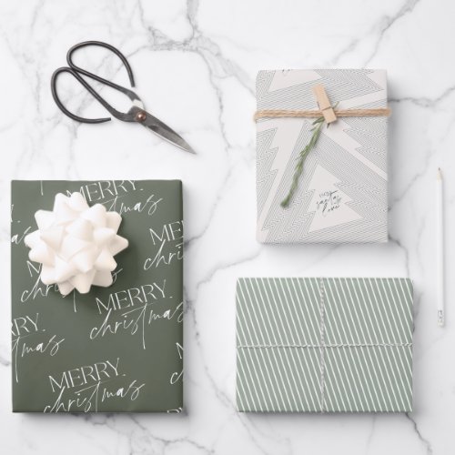 Modern Merry Christmas Tree Green Wrapping Paper Sheets