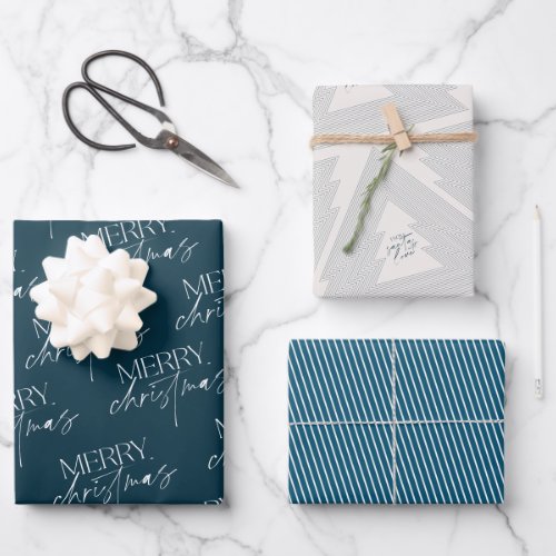 Modern Merry Christmas Tree Navy Wrapping Paper Sheets