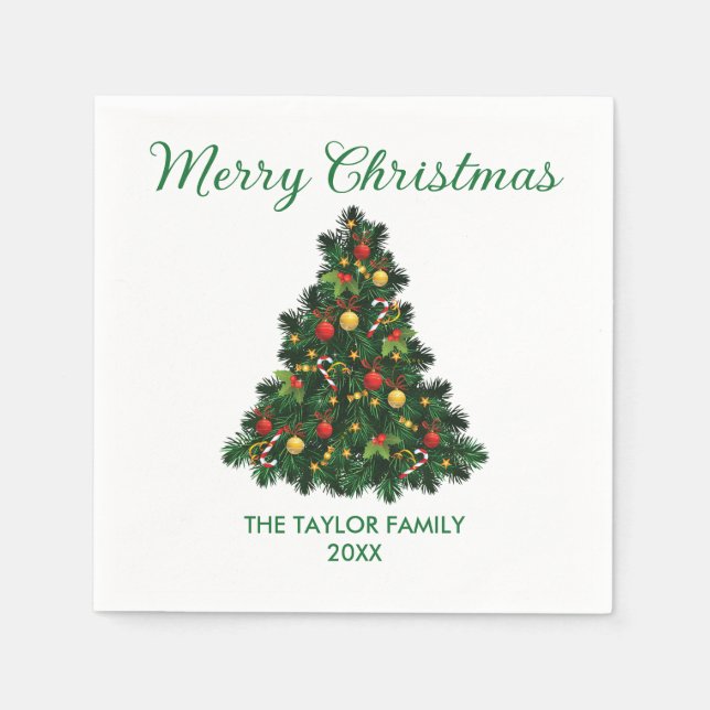 Modern Merry Christmas Tree Ornaments Paper Napkins (Front)