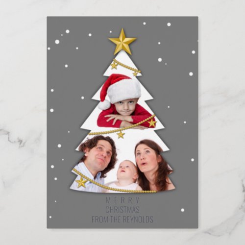 Modern Merry Christmas Tree Photo Collage Gray Foil Holiday Card