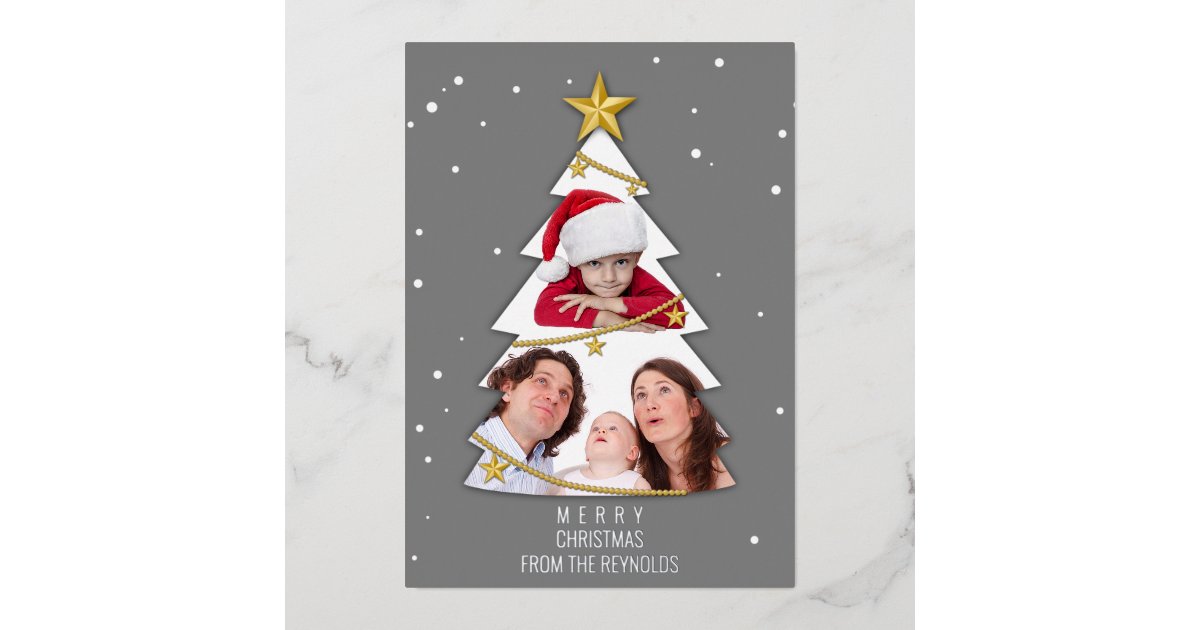 Modern Merry Christmas Tree Photo Collage Gray Foil Holiday Card Zazzle