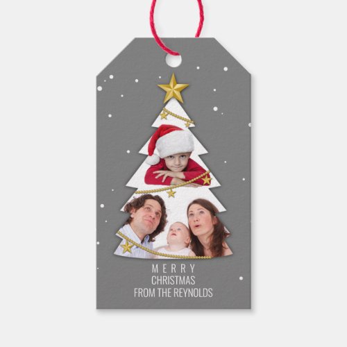 Modern Merry Christmas Tree Photo Collage Gray Gift Tags