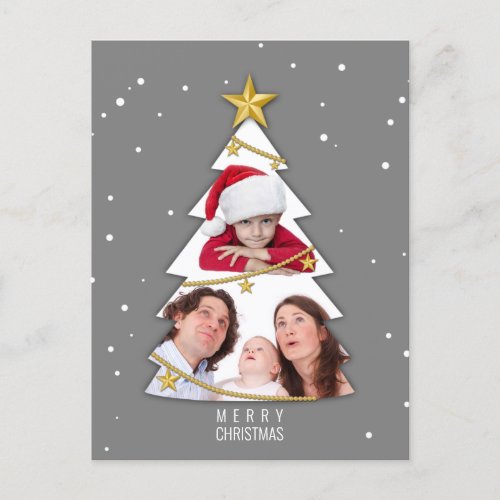 Modern Merry Christmas Tree Photo Collage Gray Holiday Postcard