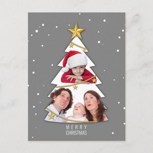 Modern Merry Christmas Tree Photo Collage Gray Holiday Postcard (Front)