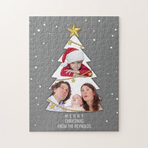 Modern Merry Christmas Tree Photo Collage Gray Jigsaw Puzzle