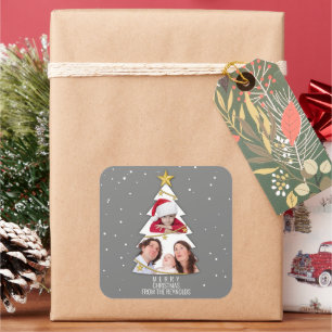 Modern Merry Christmas Tree Photo Collage Gray Square Sticker