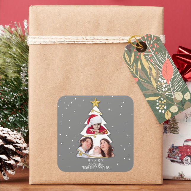 Modern Merry Christmas Tree Photo Collage Gray Square Sticker (Holiday)