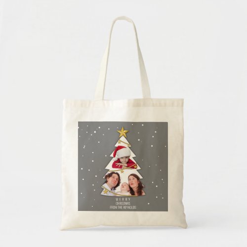 Modern Merry Christmas Tree Photo Collage Gray Tote Bag