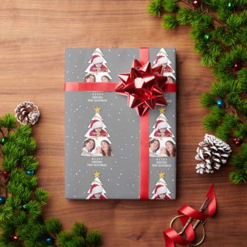 Modern Merry Christmas Tree Photo Collage Gray Wrapping Paper