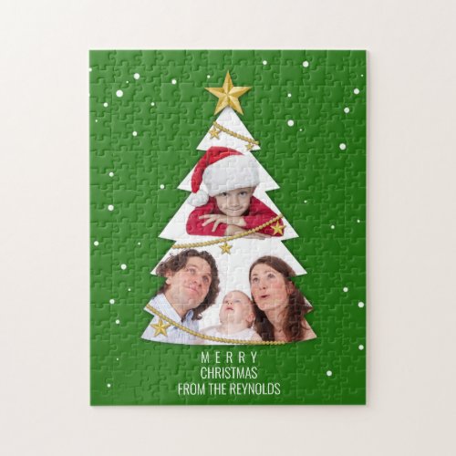Modern Merry Christmas Tree Photo Collage Green Jigsaw Puzzle