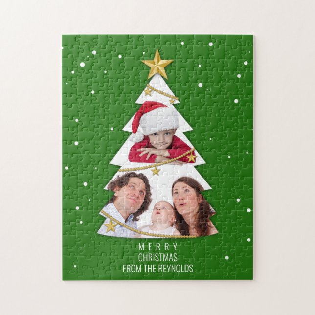 Modern Merry Christmas Tree Photo Collage Green Jigsaw Puzzle (Vertical)