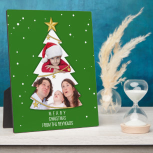 Modern Merry Christmas Tree Photo Collage Green Plaque