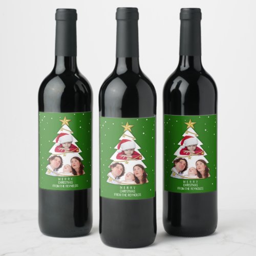 Modern Merry Christmas Tree Photo Collage Green Wine Label
