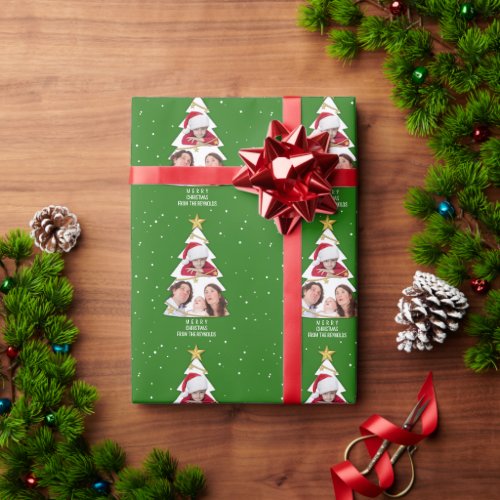 Modern Merry Christmas Tree Photo Collage Green Wrapping Paper