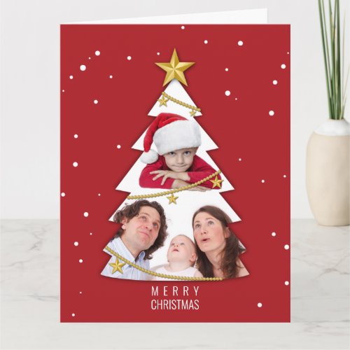 Modern Merry Christmas Tree Photo Collage Red Card