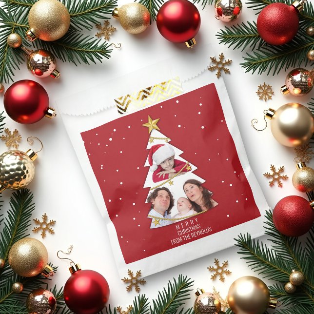 Modern Merry Christmas Tree Photo Collage Red Favor Bag (Creator Uploaded)