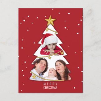 Modern Merry Christmas Tree Photo Collage Red Holiday Postcard