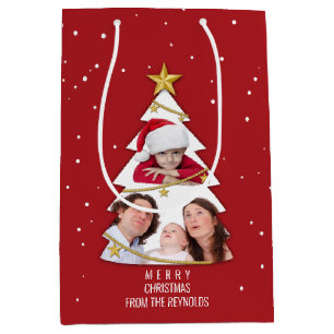 Modern Merry Christmas Tree Photo Collage Red Medium Gift Bag