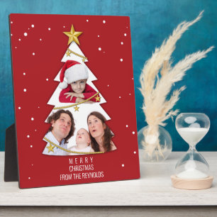 Modern Merry Christmas Tree Photo Collage Red Plaque