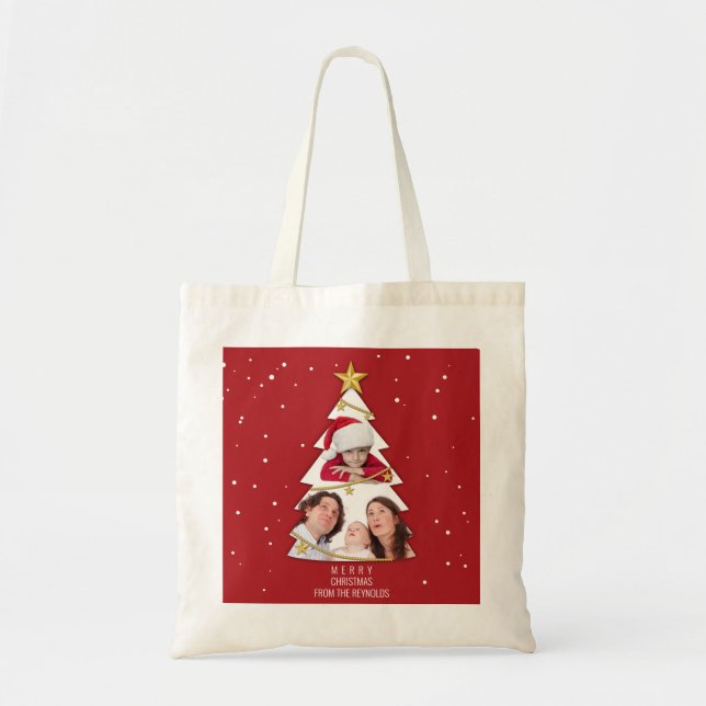 Modern Merry Christmas Tree Photo Collage Red Tote Bag (Front)