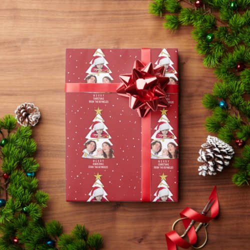 Modern Merry Christmas Tree Photo Collage Red Wrapping Paper