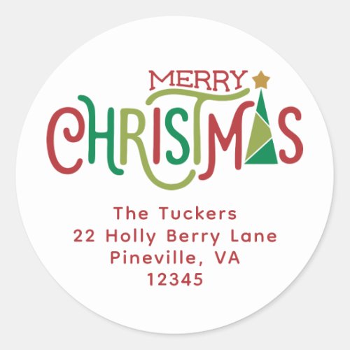 Modern Merry Christmas Tree Return Address Classic Round Sticker