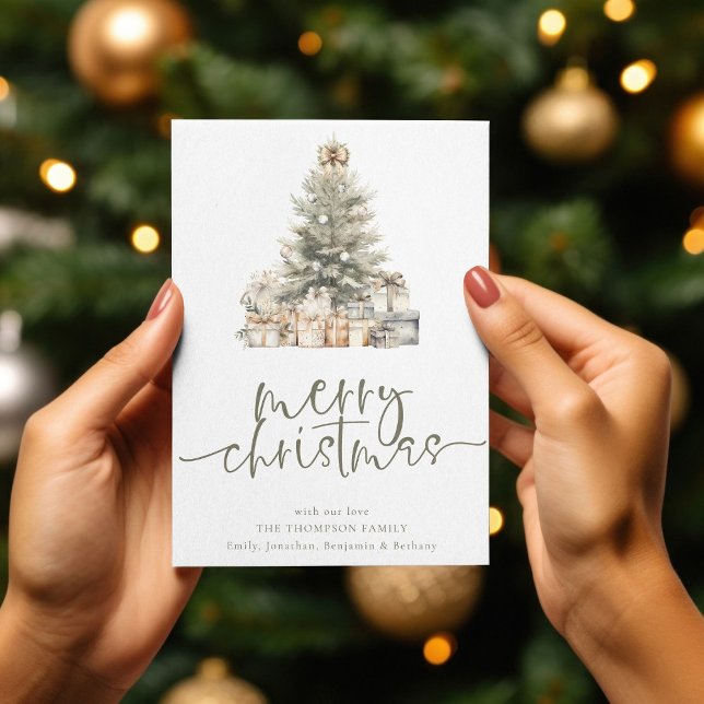 Modern Merry Christmas Tree Sage Script Holiday Card (Creator Uploaded)