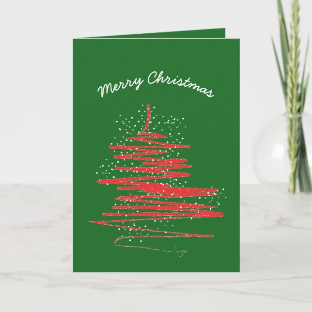Modern Merry Christmas Tree Snow Custom Holiday Card (Front)
