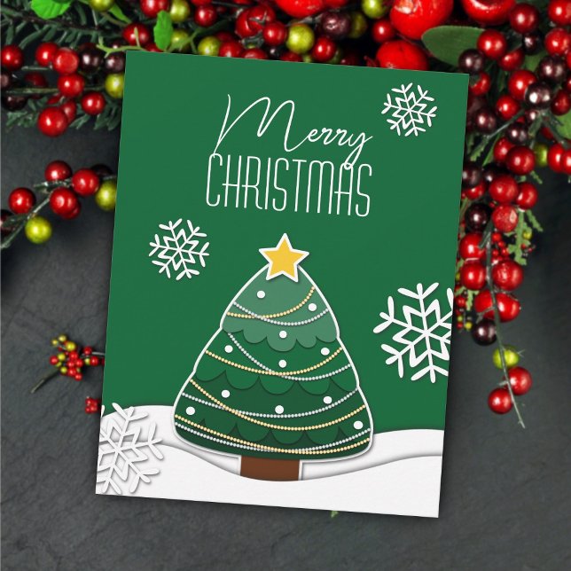 Modern Merry Christmas Tree Snowflakes Winter Snow Holiday Card (Creator Uploaded)