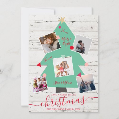 Modern Merry Christmas tree wood 5 photo collage Announcement
