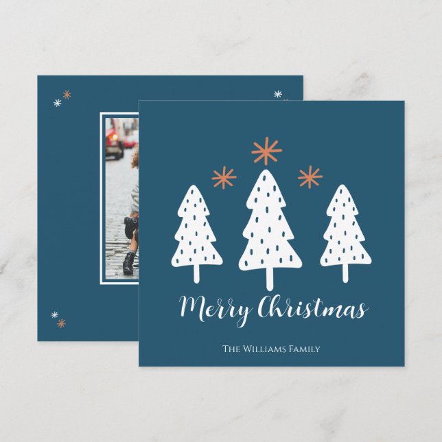 Modern Merry Christmas Trees and Stars Bleu  Holiday Card (Front/Back)