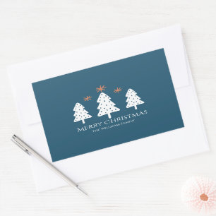 Modern Merry Christmas Trees and Stars Blue Rectangular Sticker