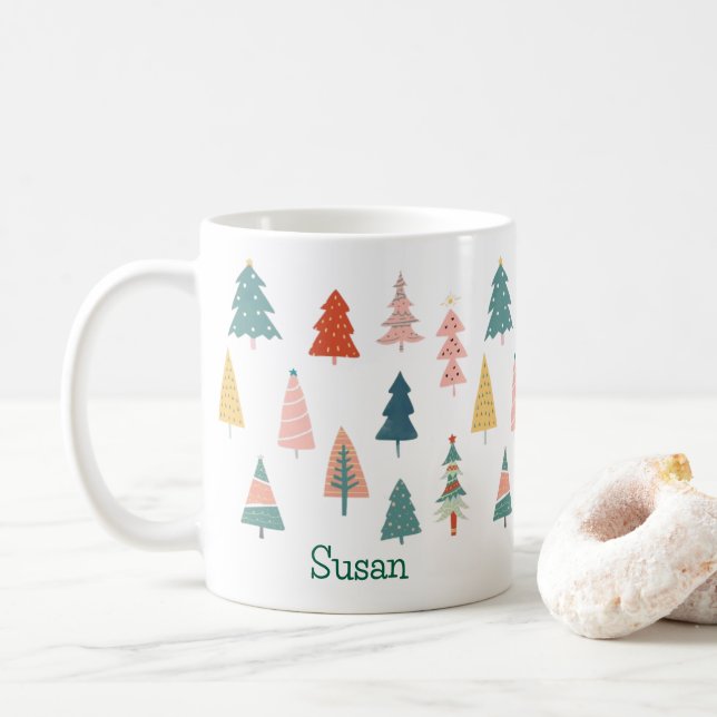 Modern Merry Christmas Trees Holiday Green Emerald Coffee Mug (With Donut)