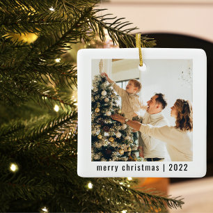 Modern Merry Christmas Two Photos Ceramic Ornament