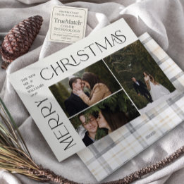 Modern Merry Christmas Typography 3 Photo Plaid Holiday Card