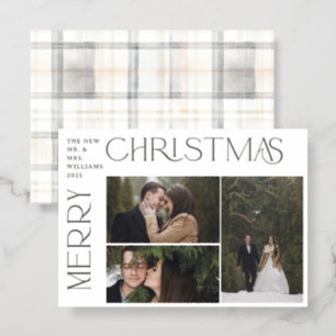 Modern Merry Christmas Typography 3 Photo Plaid Letterpress Photo Cards