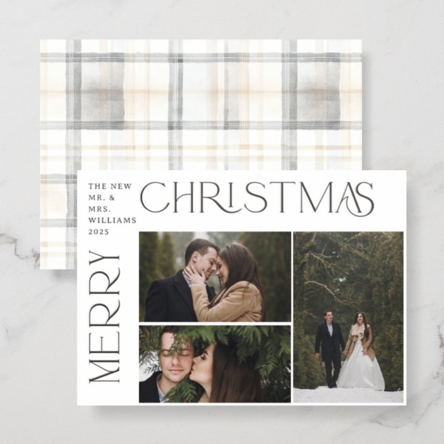 Modern Merry Christmas Typography 3 Photo Plaid Letterpress Photo Cards (Front/Back)