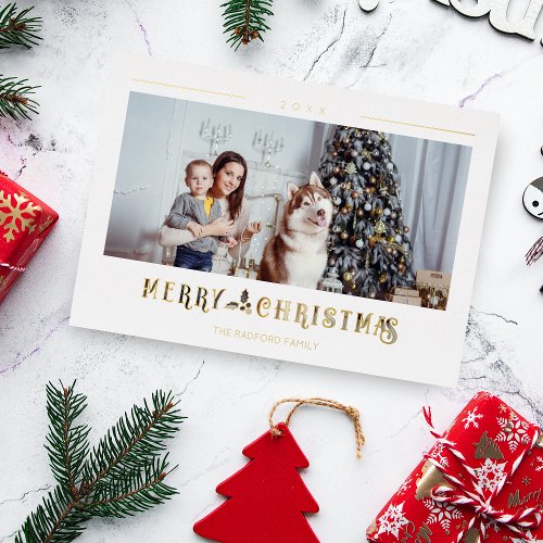 Modern Merry Christmas Typography Custom Photo Foil Holiday Card