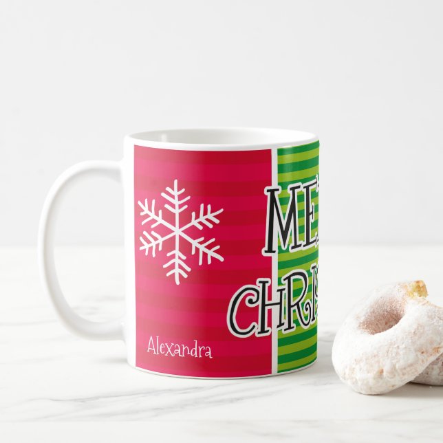 Modern Merry Christmas Typography Personalized Coffee Mug (With Donut)