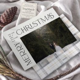 Modern Merry Christmas Typography Photo Plaid Holiday Card