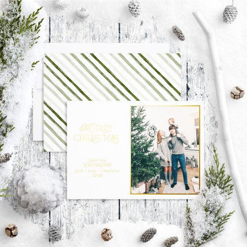 Modern Merry Christmas White Photo  Foil Holiday Card