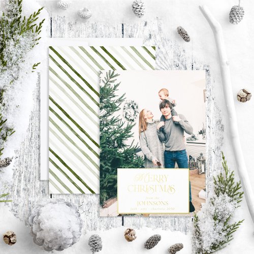 Modern Merry Christmas White Photo Foil Holiday Card
