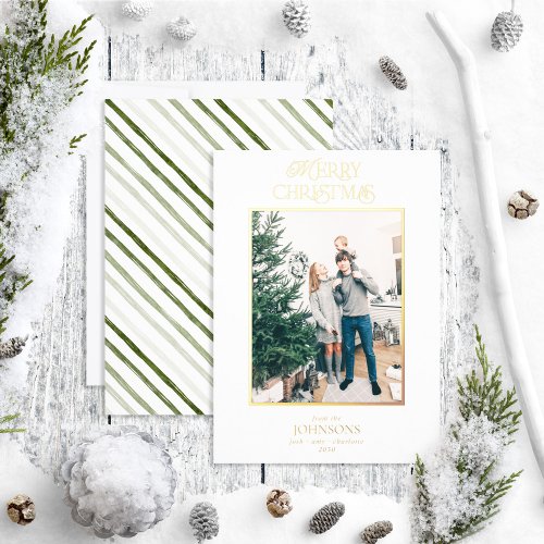 Modern Merry Christmas White Photo Foil Holiday Card