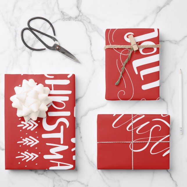 Modern Merry Christmas White Script Holly Jolly Wrapping Paper Sheets (Front)