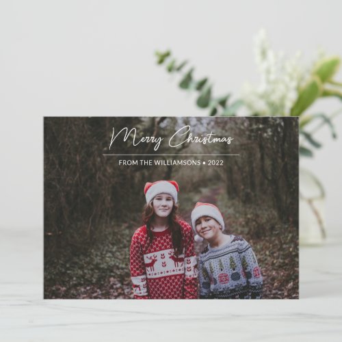 Modern Merry Christmas White Script Overlay Photo Holiday Card