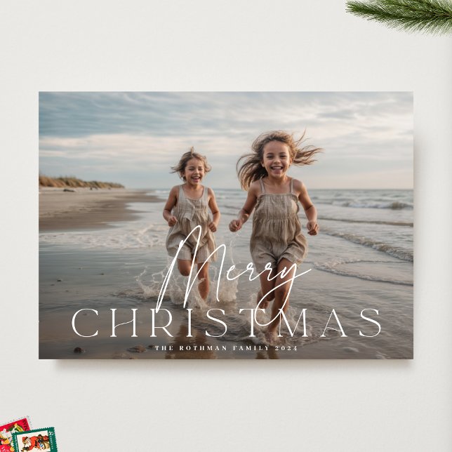 Modern Merry Christmas White Typography Photo Holiday Card (Creator Uploaded)