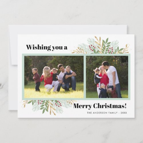 Modern Merry Christmas Winter Greenery 3 Photo Holiday Card