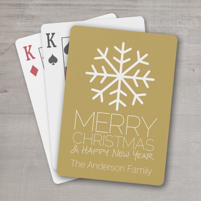 Modern Merry Christmas Winter Snowflake - gold Poker Cards (Add a family name  to this set of personalized playing cards for the Christmas season.)