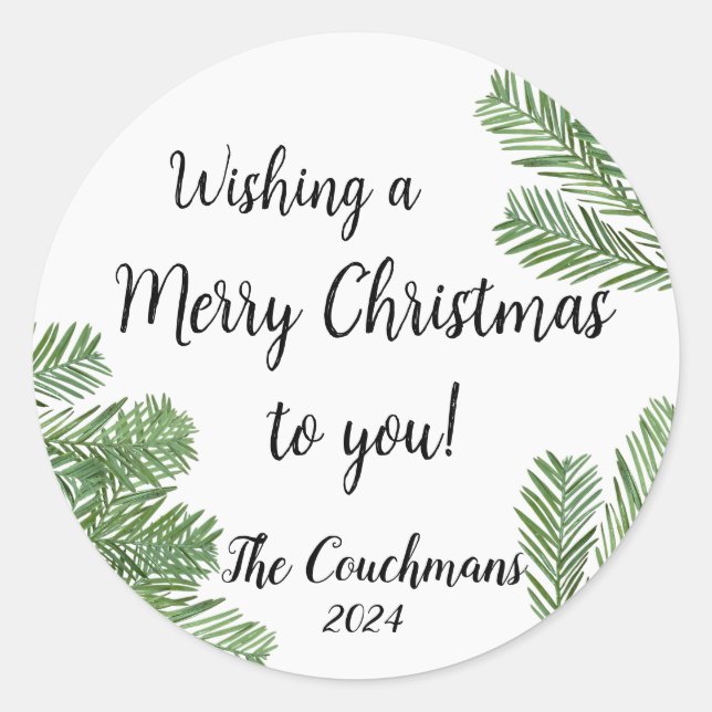 Modern Merry Christmas wishes from family  Classic Round Sticker (Front)